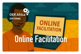 animated person in foreground with laptop in background that says online facilitation