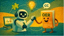 Illustration of a smiling robot and a smiling book labelled “OER” shaking hands, with icons for ideas, Creative Commons licensing, and digital learning in the background.